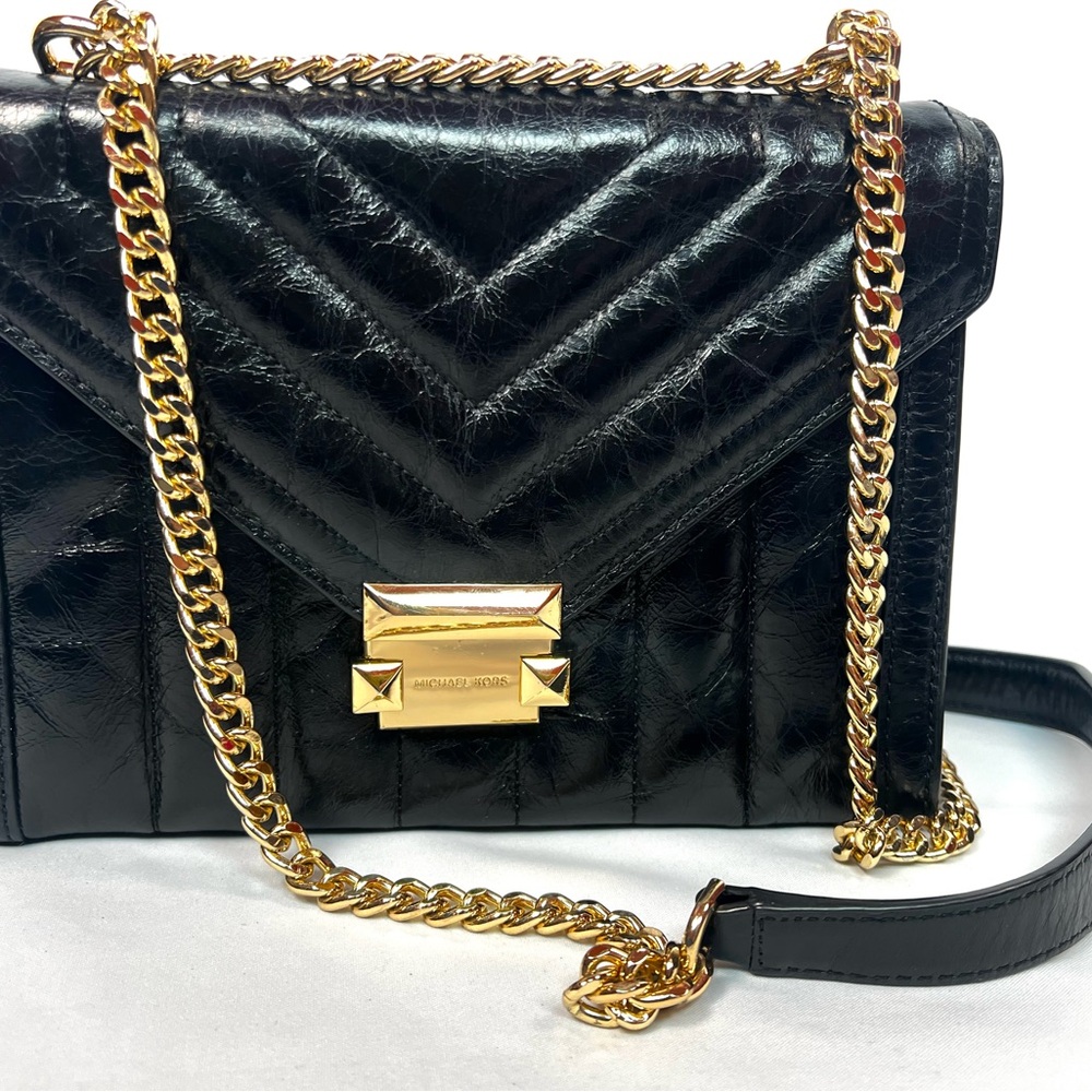 Michael Kors Whitney Quilted Black Leather Chain Crossbody Bag Gold Hardware